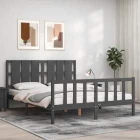 Double bed frame with gray solid wood headboard by vidaXL, Beds and slatted bases - Ref: Foro24-3192238, Price: 160,63 €, Dis...