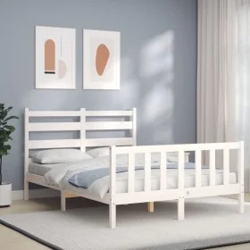 Double bed frame with white solid wood headboard by vidaXL, Beds and slatted bases - Ref: Foro24-3192007, Price: 126,42 €, Di...