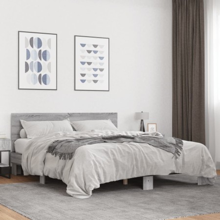 Estructura cama madera ingeniería metal gris Sonoma 160x200 cm