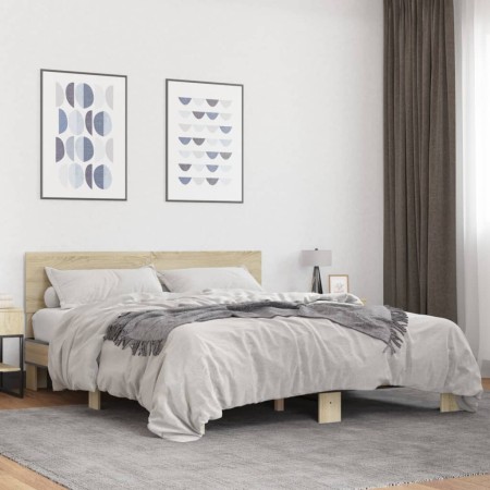 Estructura cama madera ingeniería metal roble Sonoma 150x200 cm