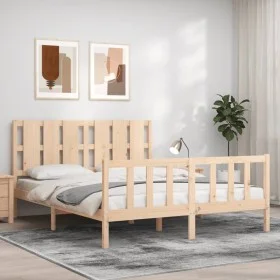 Double bed frame with solid wood headboard by vidaXL, Beds and slatted bases - Ref: Foro24-3192236, Price: 162,41 €, Discount: %