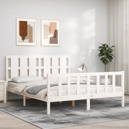 Weißer Massivholzbettrahmen mit Kopfteil 160x200 cm von vidaXL, Betten und Lattenroste - Ref: Foro24-3192242, Preis: 153,59 €...