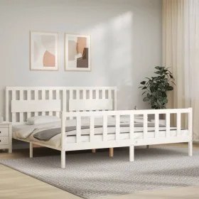 White solid wood bed frame with headboard 200x200 cm by vidaXL, Beds and slatted bases - Ref: Foro24-3192447, Price: 182,00 €...
