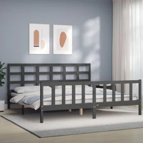 Gray solid wood bed frame with headboard 200x200 cm by vidaXL, Beds and slatted bases - Ref: Foro24-3192123, Price: 167,29 €,...
