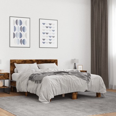 Estructura cama madera ingeniería metal roble ahumado 135x190cm