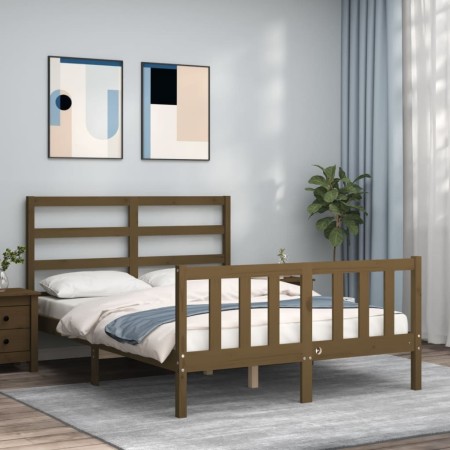 Estructura de cama matrimonio con cabecero madera marrón miel