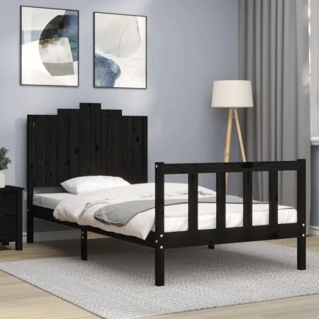 Bed frame with black solid wood headboard 100x200 cm by vidaXL, Beds and slatted bases - Ref: Foro24-3192290, Price: 140,42 €...