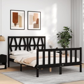 Estructura cama de matrimonio con cabecero madera maciza negra