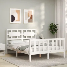 Double bed frame with white solid wood headboard by vidaXL, Beds and slatted bases - Ref: Foro24-3192527, Price: 132,53 €, Di...