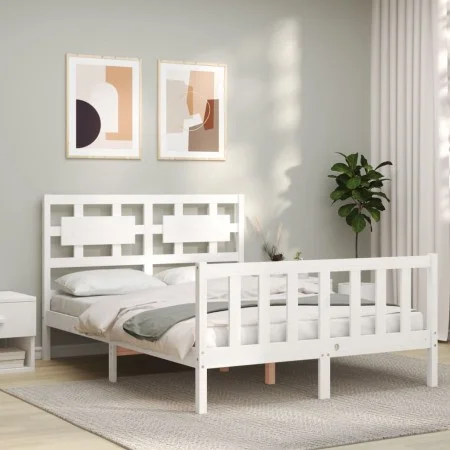 Double bed frame with white solid wood headboard by vidaXL, Beds and slatted bases - Ref: Foro24-3192527, Price: 132,53 €, Di...
