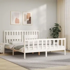 Double bed frame with white solid wood headboard by vidaXL, Beds and slatted bases - Ref: Foro24-3192442, Price: 186,21 €, Di...