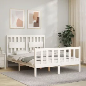 White solid wood bed frame with headboard 140x200 cm by vidaXL, Beds and slatted bases - Ref: Foro24-3192427, Price: 147,64 €...