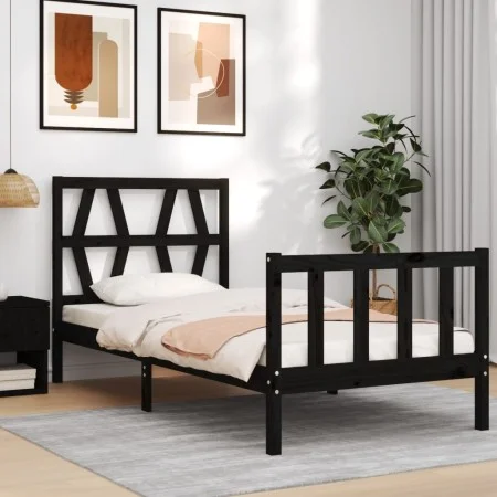 Single bed frame with black solid wood headboard by vidaXL, Beds and slatted bases - Ref: Foro24-3192455, Price: 122,49 €, Di...