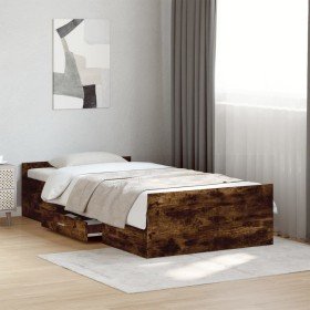 Cama con cajones madera de ingeniería roble ahumado 90x200 cm en Camas y somieres | Comprar online en Foro24