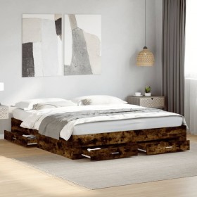 Cama con cajones madera de ingeniería roble ahumado 200x200 cm