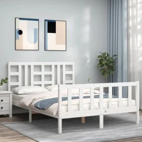 White solid wood bed frame with headboard 140x200 cm by vidaXL, Beds and slatted bases - Ref: Foro24-3191972, Price: 130,66 €...