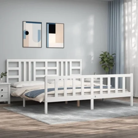 White solid wood bed frame with headboard 200x200 cm by vidaXL, Beds and slatted bases - Ref: Foro24-3191992, Price: 154,02 €...