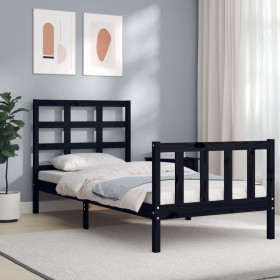 Estructura de cama individual con cabecero madera maciza negro