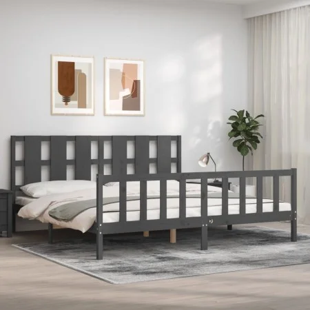 Gray solid wood bed frame with headboard 200x200 cm by vidaXL, Beds and slatted bases - Ref: Foro24-3192253, Price: 177,71 €,...