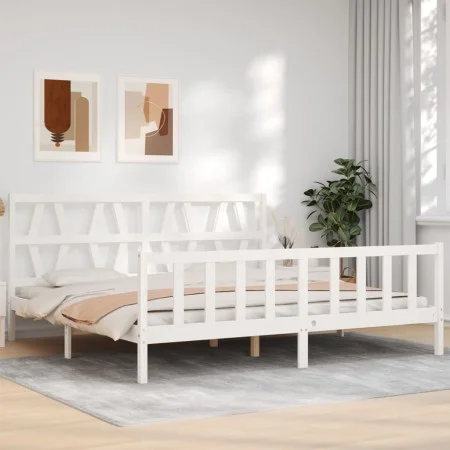 White solid wood bed frame with headboard 200x200 cm by vidaXL, Beds and slatted bases - Ref: Foro24-3192512, Price: 155,85 €...