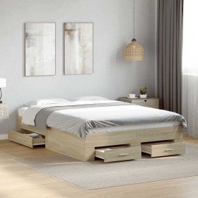 Cama con cajones madera ingeniería roble Sonoma 135x190 cm en Camas y somieres | Comprar online en Foro24