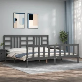 Gray solid wood bed frame with headboard 200x200 cm by vidaXL, Beds and slatted bases - Ref: Foro24-3191993, Price: 168,77 €,...