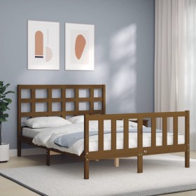 Estructura de cama matrimonio con cabecero madera marrón miel