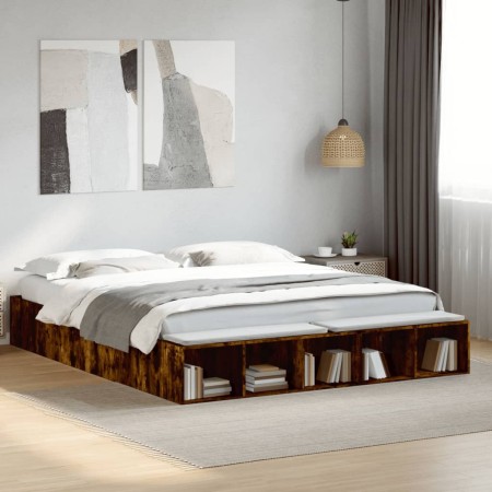 Estructura de cama madera de ingeniería roble ahumado 200x200cm