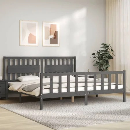 Gray solid wood bed frame with headboard 200x200 cm by vidaXL, Beds and slatted bases - Ref: Foro24-3192448, Price: 183,62 €,...