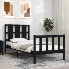 Bed frame with black solid wood headboard 100x200 cm by vidaXL, Beds and slatted bases - Ref: Foro24-3192225, Price: 136,56 €...