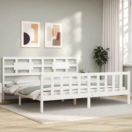 White solid wood bed frame with headboard 200x200 cm by vidaXL, Beds and slatted bases - Ref: Foro24-3192577, Price: 157,54 €...