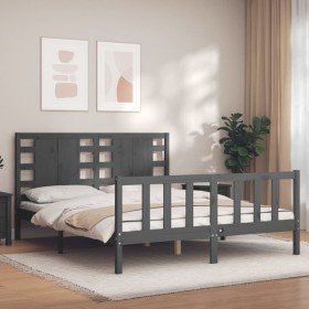 Estructura de cama con cabecero madera maciza gris 160x200 cm