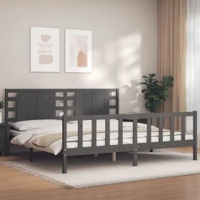 Gray solid wood bed frame with headboard 200x200cm by vidaXL, Beds and slatted bases - Ref: Foro24-3192838, Price: 184,45 €, ...