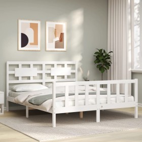 Estructura de cama con cabecero madera maciza blanco 160x200 cm