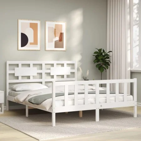 Estructura de cama con cabecero madera maciza blanco 160x200 cm de vidaXL, Camas y somieres - Ref: Foro24-3192567, Precio: 14...