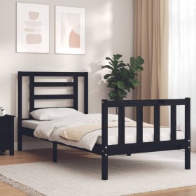 Estructura de cama individual con cabecero madera maciza negro