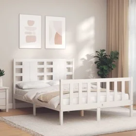 Double bed frame with white solid wood headboard by vidaXL, Beds and slatted bases - Ref: Foro24-3192787, Price: 132,24 €, Di...