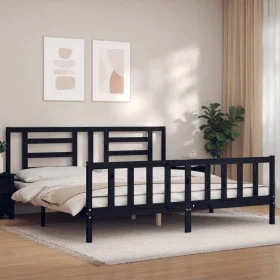 Bed frame with black solid wood headboard 200x200 cm by vidaXL, Beds and slatted bases - Ref: Foro24-3192905, Price: 204,71 €...