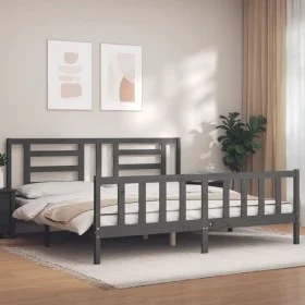 Gray solid wood bed frame with headboard 200x200 cm by vidaXL, Beds and slatted bases - Ref: Foro24-3192903, Price: 169,23 €,...