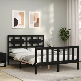 Bed frame with black solid wood headboard 140x190 cm by vidaXL, Beds and slatted bases - Ref: Foro24-3192540, Price: 178,04 €...