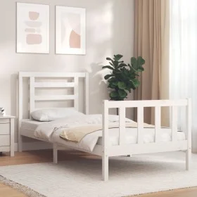 White solid wood bed frame with headboard 90x200 cm by vidaXL, Beds and slatted bases - Ref: Foro24-3192867, Price: 94,67 €, ...