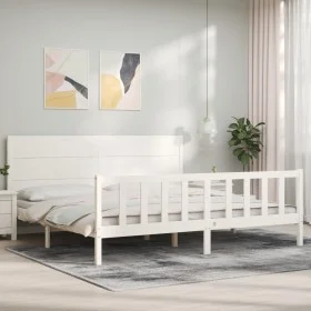 White solid wood bed frame with headboard 200x200 cm by vidaXL, Beds and slatted bases - Ref: Foro24-3192772, Price: 208,08 €...