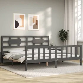 Gray solid wood bed frame with headboard 200x200 cm by vidaXL, Beds and slatted bases - Ref: Foro24-3192578, Price: 172,61 €,...