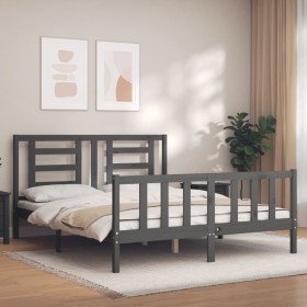 Double bed frame with gray solid wood headboard by vidaXL, Beds and slatted bases - Ref: Foro24-3192888, Price: 151,10 €, Dis...