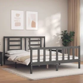 Double bed frame with gray solid wood headboard by vidaXL, Beds and slatted bases - Ref: Foro24-3192888, Price: 157,75 €, Dis...