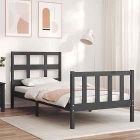Estructura de cama con cabecero madera maciza gris