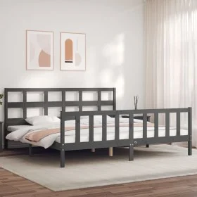 Gray solid wood bed frame with headboard 200x200 cm by vidaXL, Beds and slatted bases - Ref: Foro24-3193033, Price: 170,88 €,...