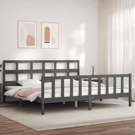 Gray solid wood bed frame with headboard 200x200 cm by vidaXL, Beds and slatted bases - Ref: Foro24-3193033, Price: 170,88 €,...