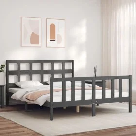 Double bed frame with gray solid wood headboard by vidaXL, Beds and slatted bases - Ref: Foro24-3193018, Price: 158,09 €, Dis...