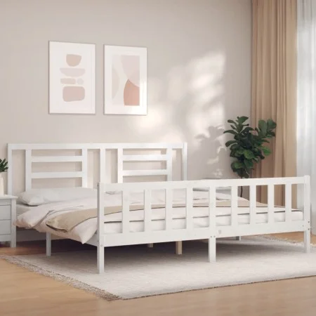 Double bed frame with white solid wood headboard by vidaXL, Beds and slatted bases - Ref: Foro24-3192897, Price: 161,11 €, Di...